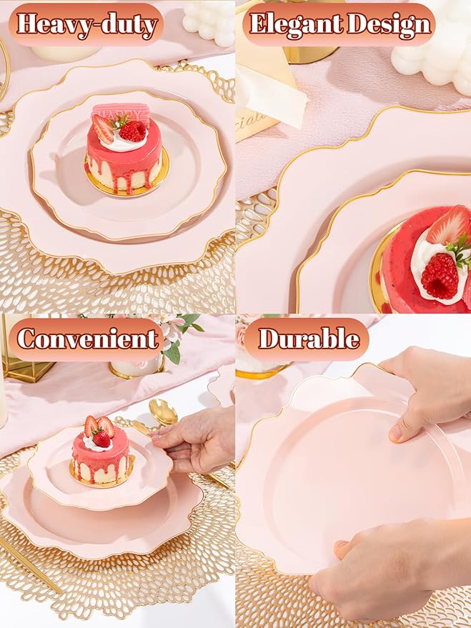 WDF 350Pcs Pink Plastic Plates - Pink and Gold Disposable Plates 50Guest Plastic Dinnerware for Baby Shower/Birthday/Wedding