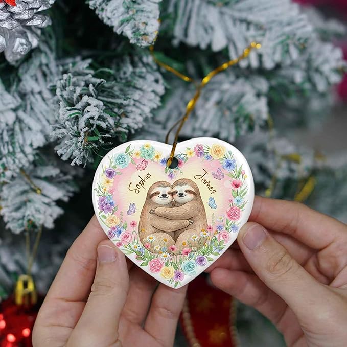 Sloth Couple Newly Engaged Christmas Ornament, Personalized 1St Xmas Together Ceramic Ornament, Cute Couple Sloth Keepsake Gift for Mr & Mrs Mom Dad, Custom Names Sloths Animal Lover Ornaments