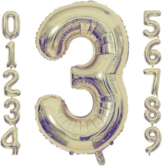 Champagne Gold 3 Number Balloons, 40 Inch Giant Number 3 Balloons Foil Mylar Helium Light Gold Number Balloons for 3th Birthday Party Supplies Anniversary Event Celebration Decorations