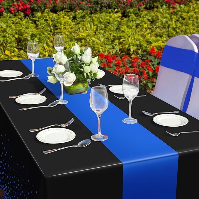 MASHAN 12Pcs Black and Blue Tablecloth Party Decorations,Plastic Black Table Cloth Printed Blue Runner Disposable Rectangle Table Cover for Birthday Wedding Anniversary Graduation Party,54 x108 Inch