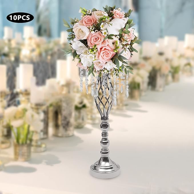 Wedding Centerpieces Gold Vases,10PCS Metal Flower Candle Holder with Sparkling Crystal Beads,Crystal Flower Vase Metal Flowers Stand for Party Tables Decorations (10pcs-Sliver-14cm)