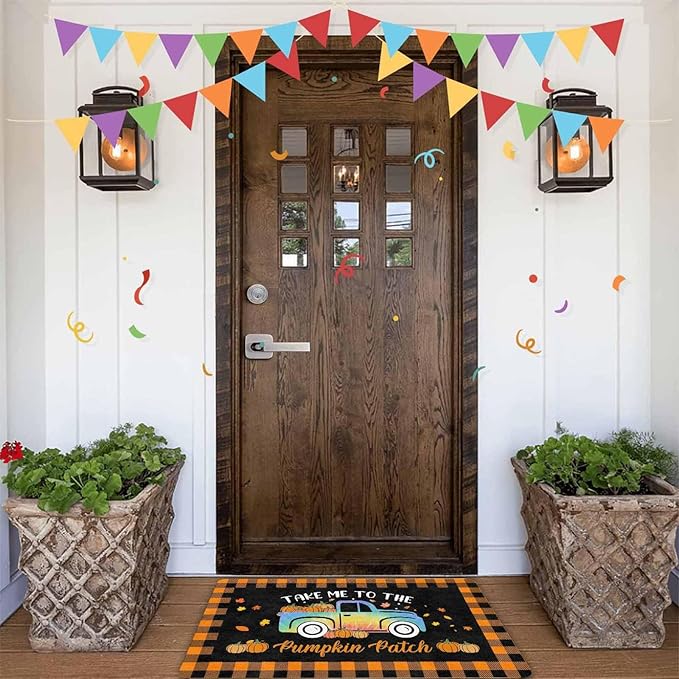 Thanksgiving Door Mat Fall Welcome Mat for Front Door, Autumn Pumpkins with Truck Buffalo Plaid Seasonal Non Slip Doormat for Entrance Entryway Outside Thanksgiving Farmhouse Decor, 30"x18"inch