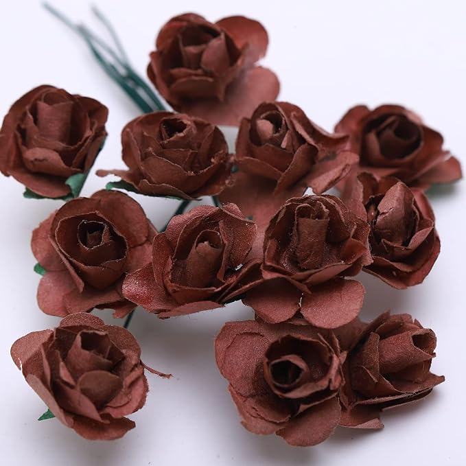 144pcs Mulberry Paper Mini Roses Artificial Flowers Heads with Stems for DIY Crafts Accessories Make Bridal Hair Clips Headbands Dress Wedding Bridal Bouquets Party Home Decor Valentine's(Coffee)
