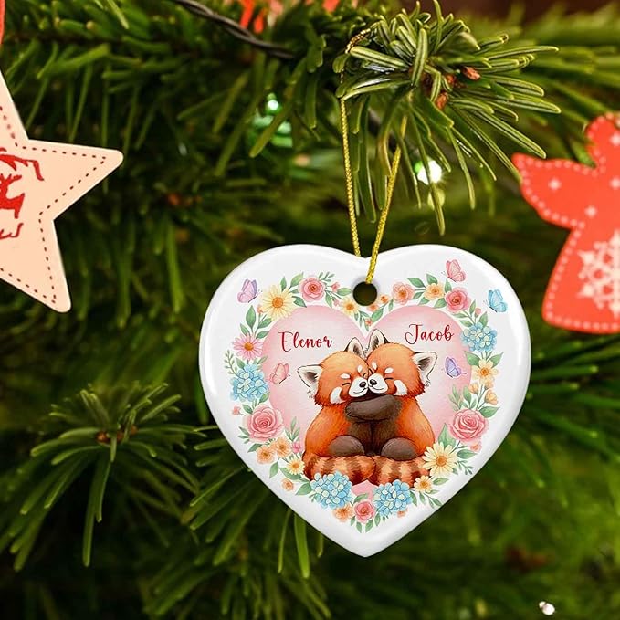 Couple Red Panda Together Ornament Christmas, Personalized Couple Engaged Ceramic Ornament Xmas, Red Panda Hugging Ornaments Gift for Boyfriend Girlfriend, Custom Names Married Christmas Keepsake