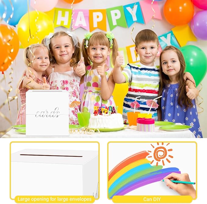 1 Pack White and Silver Foil Card Box for Party, 8.7" White Gift Card Box for Birthday, Wedding, Baby Shower, Retirement, Anniversary, Graduation, Raffle Ticket