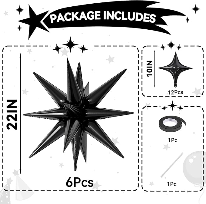 18 Pcs Black Star Balloons, Black Balloon with 6 Pcs 22-Inch Explosion Star Balloons 12Pcs 10-Inch Four Pointed Stars Foil Balloon for Anniversary Retirement Disco Birthday Party Decorations