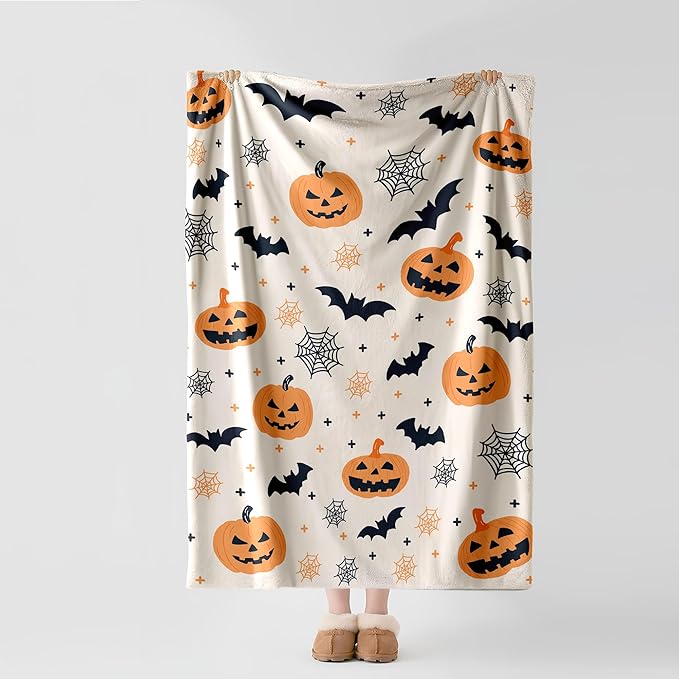 Halloween Flannel Throw Blanket – Ghost, Bat & Pumpkin Pattern – Orange Festive Blanket for Couch or Bed, W50 x L70in