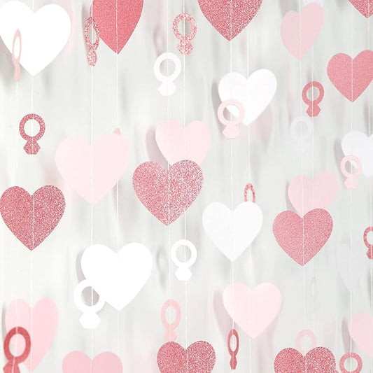 Rose-Gold Pink White Heart-Ring Garland - 52Ft Engagement Bachelorette Party Decorations Wedding Paper Streamers Banner,Galentines Proposal Decor Lasting Surprise