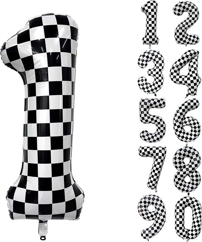 40 Inch Checkered Number Balloon 1 Black and White Number 1 Balloon Foil Helium Balloons for Birthday Party Decoration Girls Boys Baby Shower Anniversary Decoration Race Car Party Decoration