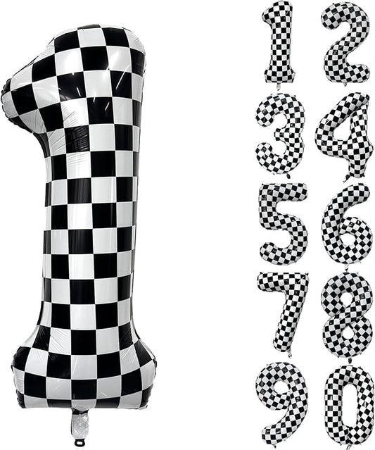 40 Inch Checkered Number Balloon 1 Black and White Number 1 Balloon Foil Helium Balloons for Birthday Party Decoration Girls Boys Baby Shower Anniversary Decoration Race Car Party Decoration