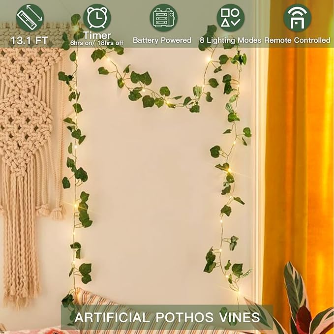 suddus Vine with Fairy Lights Battery Operated, 13.1ft 40 LED Pothos String Lights with Remote, Leaf Lights for Bedroom, Room, Wall, Garden, Party, Wedding Decor(Warm White)