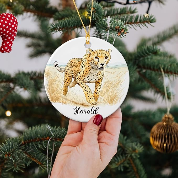 Cheetah Wild Animal Ornament, Customized Cheetah Christmas Ceramic Ornament with Name, Gift for Him Her Animal Enthusiasts, Wildlife Xmas Decor, Safari Keepsake, Personalized Cheetahs Ornaments