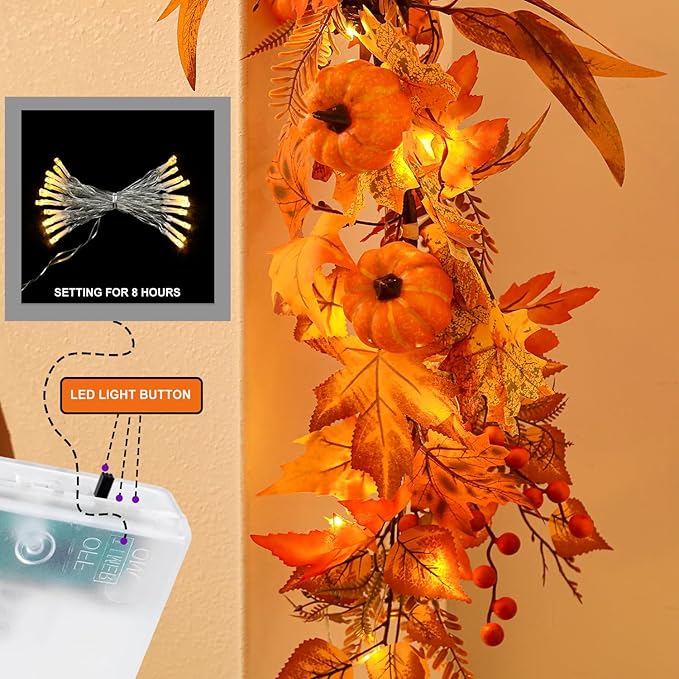 6ft Fall Maple Leaves Garland with Fern, Willow Stems, Berry, Pumpkins, pinecones. Artificial Autumn Harvest Garland for Festivals, Thanksgiving, Halloween, Fireplace Porch Indoor Outdoor Decoration