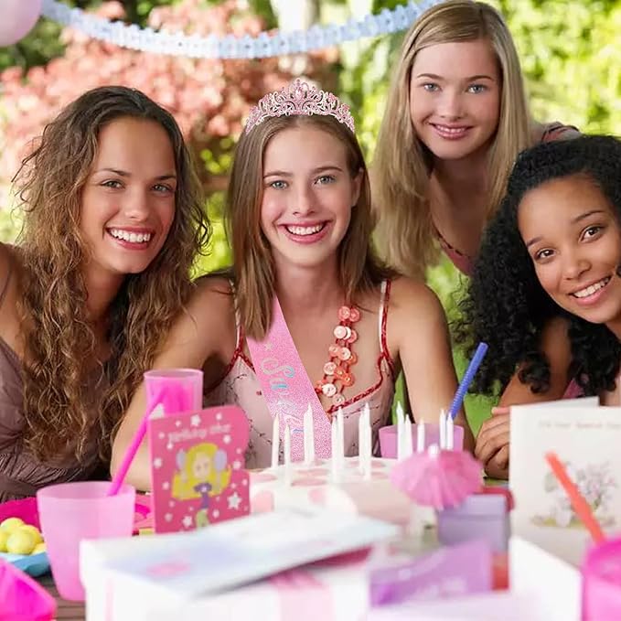 Sweet 16 Birthday Crown and Sash for Girls, Sweet 16th Sashes and Tiara Set, 16th Birthday Party Decorations for Women, Pink Accessories Gifts for Girls