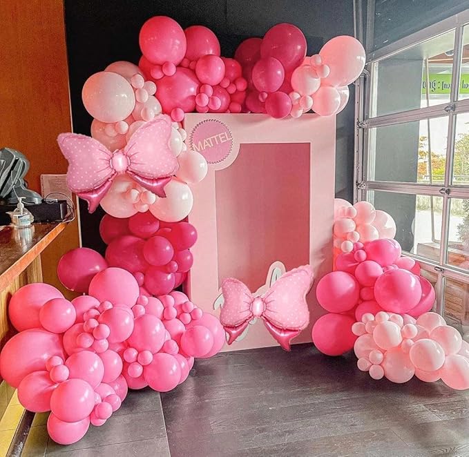 Pink Balloon Arch Kit Double Stuffed Peach Pink Bow Balloon Garland Foil Silver Balloons For Happy Birthday Baby Shower Bridal Shower Wedding Girls Women Theme Tea Party Decor