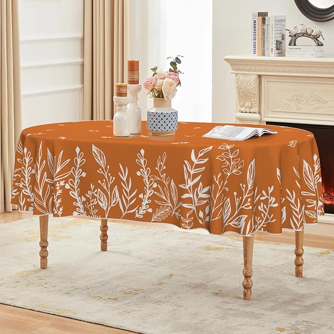 Horaldaily Fall Tablecloth 60×84 Inch Oval, Thanksgiving Autumn Harvest Orange Wild Flowers Table Cover for Party Picnic Dinner Decor