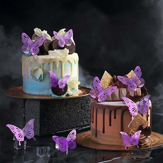Purple Butterfly Decorations, 48Pcs 2 Styles 3 Sizes Butterflies for Grad Graduation Caps Cake Cupcake Toppers, 3D Paper Sticker for Bouquets Birthday Baby Shower Kids Girl Room Nursery Wall Decor