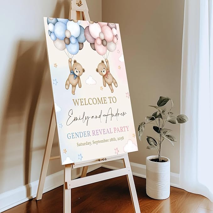 Gender Reveal Welcome Sign – Teddy Bear Balloon Theme,Personalized Teddy Bear Gender Reveal Welcome Sign, He or She Yard Sign, Boy or Girl Gender Reveal Sign, We Can Bearly Wait Gender Reveal .2
