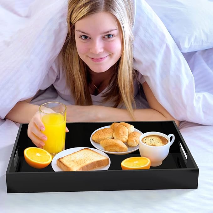 Acrylic Serving Trays with Handles, 16"x 12" Rectangle Sturdy Breakfast Tray, Black Decorative Trays Organiser for Bedroom, Kitchen, Living Room, Bathroom, Hospital and Outdoors