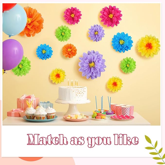 Geyee 18 Pcs Mexican Paper Flowers Colorful Fiesta Tissue Paper Flowers Pom Poms Mexican Carnival for Floral Party Backdrop Wedding Birthday Party Craft, 6" 8" 10"(Bright Color)