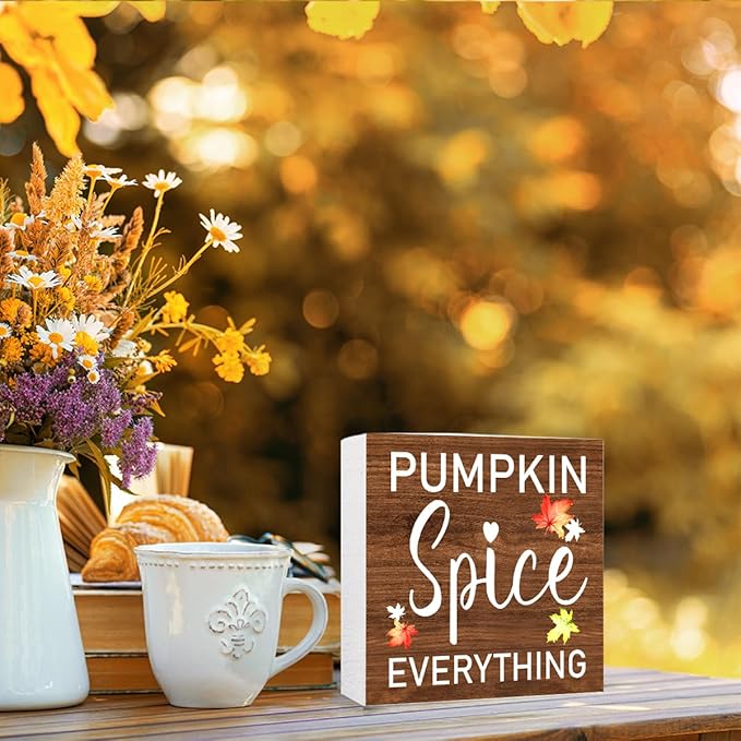 Funny Autumn Wood Box Sign Pumpkin Spice Everything Wooden Block Desk Decor for Home Office Kitchen Cubicle Table Shelf Tabletop,Farmhouse Fall Sign Decor