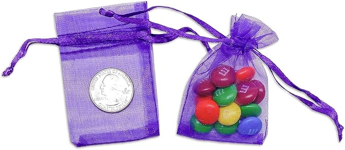 TheDisplayGuys 100-Pack XS 2 x 2 3/4" Purple Sheer Organza Gift Bags with Drawstring, Jewelry Candy Treat Wedding Party Favors Mesh Pouch