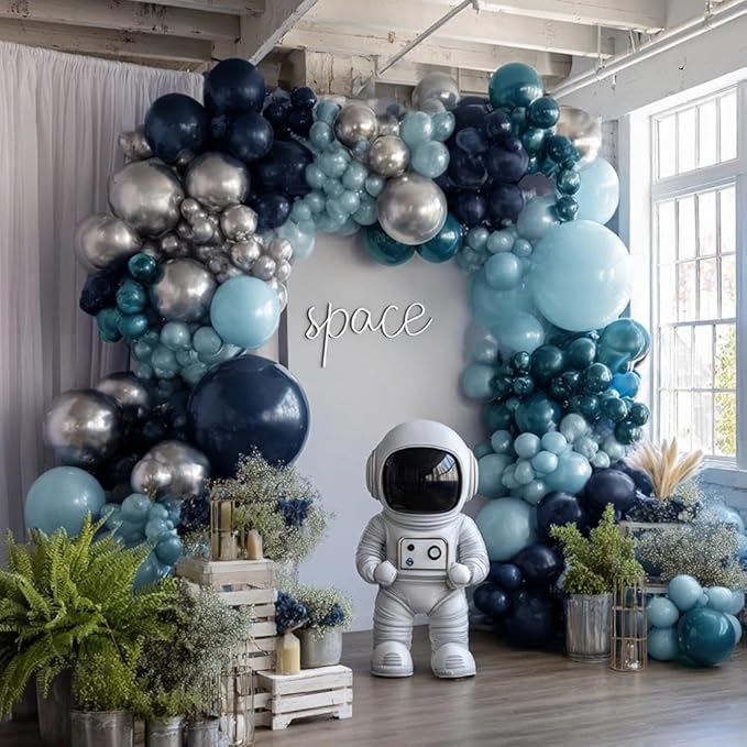Navy Blue Silver Balloon Garland, Double Stuffed Dark Dusty Slate Blue Balloon Arch Kit for Birthday Baby Bridal Shower Wedding Anniversary Party Decorations
