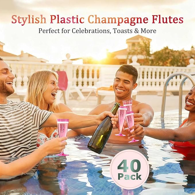 40 Pack Pink Plastic Champagne Flutes Disposable Champagne Glasses, 4.5 Oz Clear Mimosa Glasses Bulk Cocktail Toasting Cups for Party Supplies Wedding Bride Bar, Copas De Plastico Para Brindis