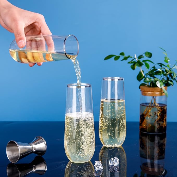 SUT 24PCS Silver Champagne Flutes Plastic, 9oz Stemless Plastic Champagne Glasses, Clear plastic Toasting Glasses With Silver Rim, Unbreakable, Shatterproof Mimosa Glasses, For Party,Shower
