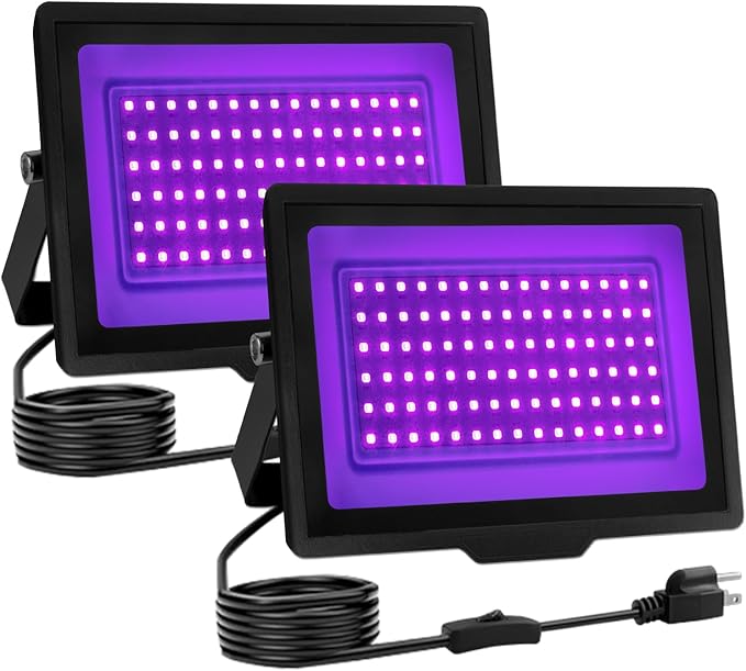 2 Pack 60W LED Black Light IP66 Waterproof,Blacklight with Plug+Switch, Flood Light for Glow Party,Halloween Decoration, Body Paint, Fluorescent Poster, Stage Lighting,Neon Glow,5.25Ft Cord