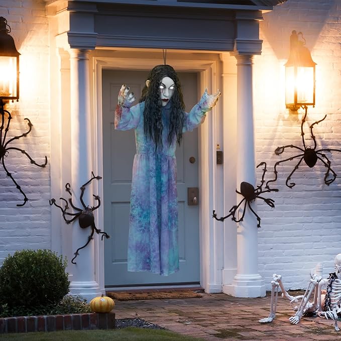 HollyHOME Halloween Hanging Ghost Girl with Glowing Eyes, Creepy Sound and Shaking Body Halloween Decorations Outdoor Scary Haunted House Prop 43’’