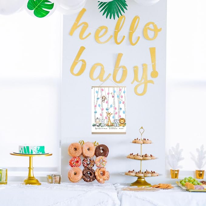 QZCYU Gender Reveal Decorations Fingerprint Tree with Woodland Safari Animals, Gender Reveal Games Canvas Hanging Paintings Decor, Baby Shower Ideas