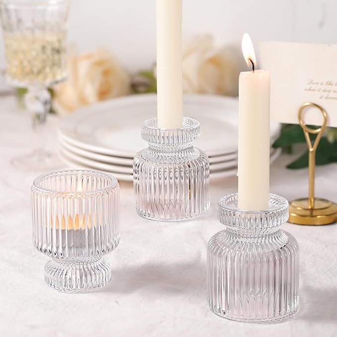 DARJEN 12 Pcs Glass Candlestick Holders- Clear Taper Candle Holders Tealight Votive Candle Holders for Table Centerpieces, Wedding, Dinner Party, Home Decor