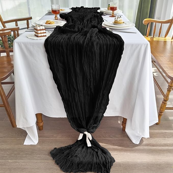 IVAPUPU 2 Pcs Cheesecloth Halloween Table Runner - 10ft Black Boho Gauze Black Cheese Cloth Table Runners for Halloween Decor Indoor Baby Shower Decoration Wedding Party Summer Garden Farmhouse