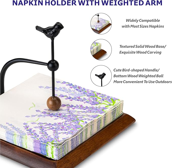 Wooden Napkin Holder with Bird-Shaped Handle – Elegant Flat Napkin Holder with Weighted Arm for Paper Napkins, Cocktail Napkins – Perfect for Kitchen, Dining Table, Café, and Bar – Ideal Holiday Gift