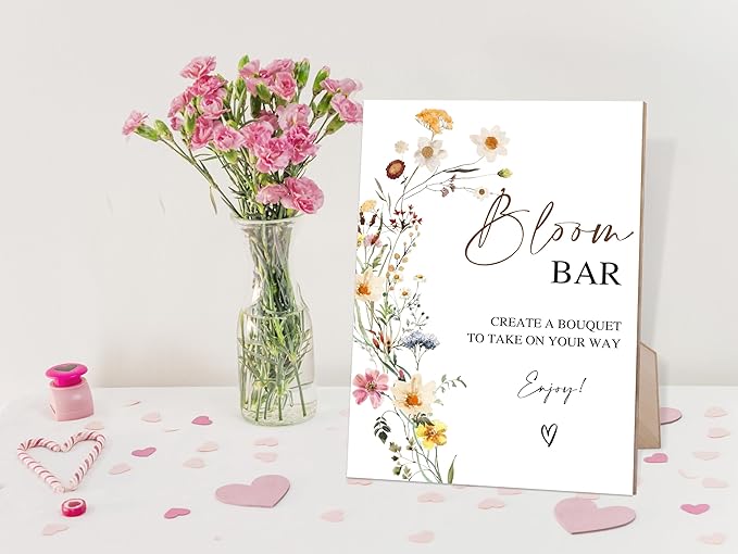 Flower Bloom Bar Sign, Wedding Decorations for Reception, Bridal Shower Party Decorations, Table Centerpieces for Party, Flower Bar Supplies, 6X8 Inch Wooden Bridal Shower Signs with Stand, 1
