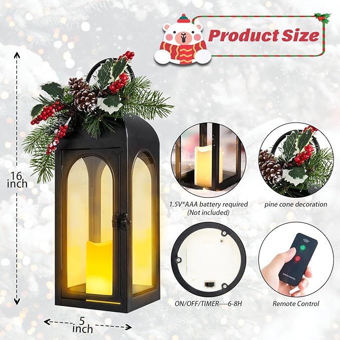 Christmas Lanterns Decorative Indoor, Christmas Lantern Outdoor with Timer, 16 Inch Decorative Candle Lanterns Flameless Light with Floral and Greenery for Table Centerpieces,Home, Porch Decor