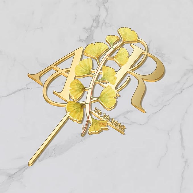 Personalized Fall Wedding Cake Topper in Acrylic Custom Bride and Groom Initial Cake Topper Wedding Date Cake Decoration (Gingko leaves)