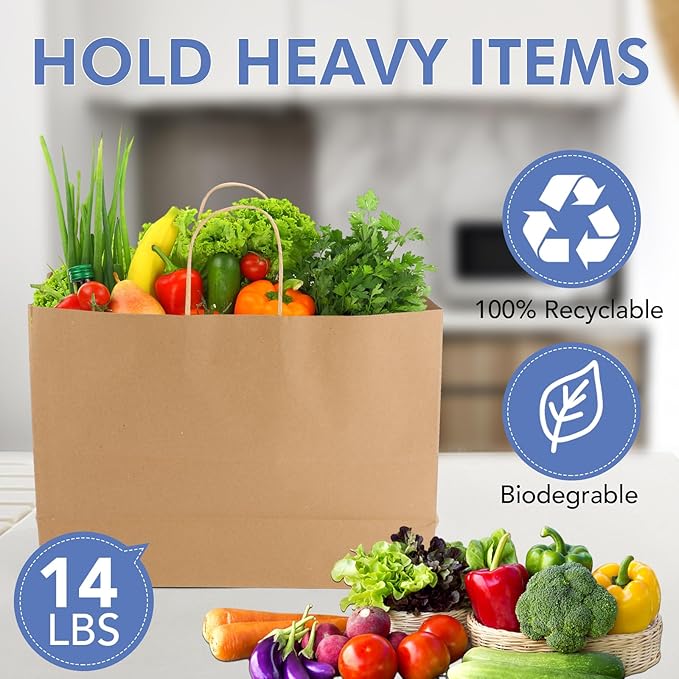 XPCARE 100Pack Large Paper Bags with Handles, 16x6x12 Inch Brown Paper Bag Kraft Shopping Bags for Business Merchandise Wedding Party Favor