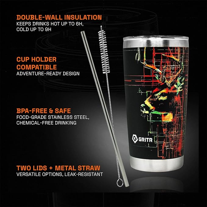 GRITR Stainless Steel Tumbler – 20oz/30oz, Insulated & Leakproof, Hot or Cold Drinks Anywhere, Travel Tumbler with Straw and Lids for Coffee, Water & Smoothies