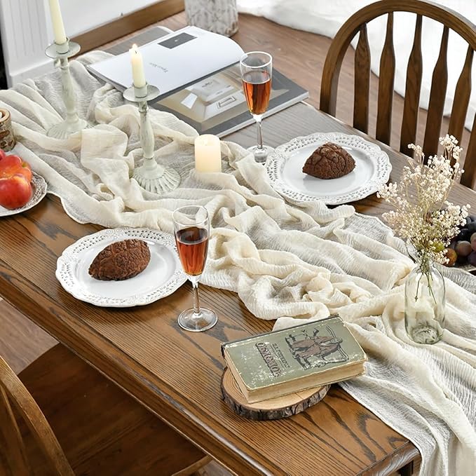 Artoid Mode Boho Beige Gauze 3 Pieces Wedding Table Runner, 120 Inch Birthday Fabric Kitchen Dining Holiday Table Decor for Home Party Indoor