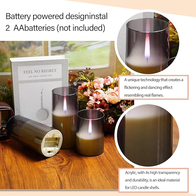 3Pack Flameless Candles, LED Candles, Flameless Candle with Remote Control，with Timer 2/4/6/8H，Flickering flameless Candles Ldeal for Setting The Mood（Grey）(D 3" xH 4" 5" 6")