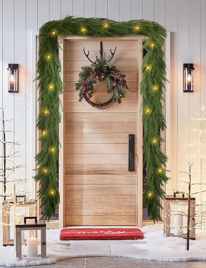 Premium 30% Fuller 6 Ft Artificial Norfolk Pine Garlands with Lights, Real Touch Winter Pine Garland, for Staircase, Table, Mantle, Wall, Indoor, Outdoor Christmas Decorations, Flower Arranging