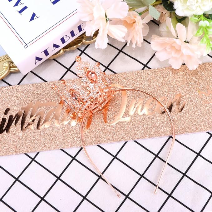 Birthday Queen Sash for Women Tiara & Crowns Headbands for Girls Happy Birthday Party Accessories Favor Supllies Leona Rose Gold Pink, 2 Pack