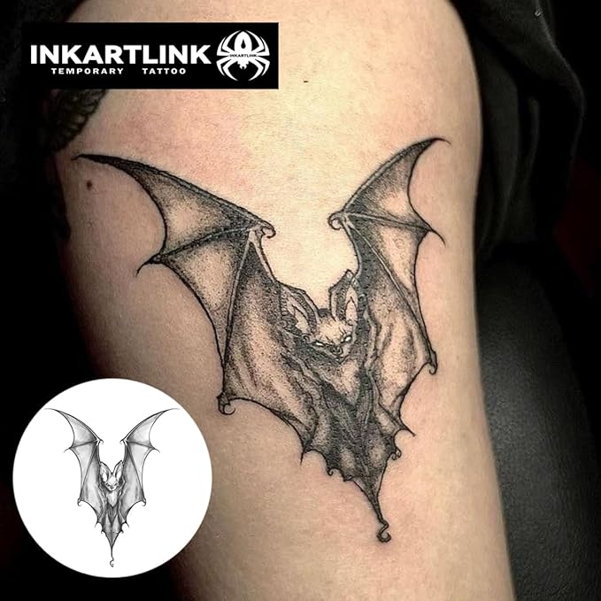 INKARTLINK Tattoo Tech, 2 Sheets Medium Semi Permanent Tattoo, Adult Art Design Temporary Tattoos, Lasts 1-2 Weeks, Waterproof, Realistic Look, No Reflection (bat)