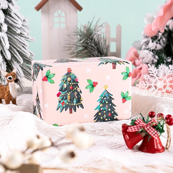 WRAPAHOLIC 30 Inch Christmas Wrapping Paper Roll - Jumbo Roll Pink Gingerbread House, Santa Claus, Christmas Tree and Candy Cane Design - 4 Rolls - 30 Inch x 120 Inch Per Roll