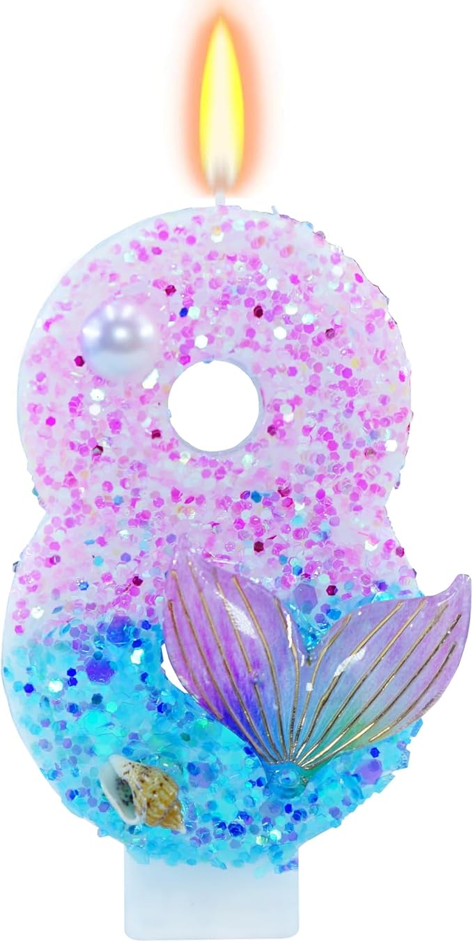 Mermaid Themed Birthday Candles, Number 8 Girls Glitter Birthday Party Supplies,Anniversary Party Decor,2.87 inch Cake Topper Decorations (Mermaid Themed, Number 8)