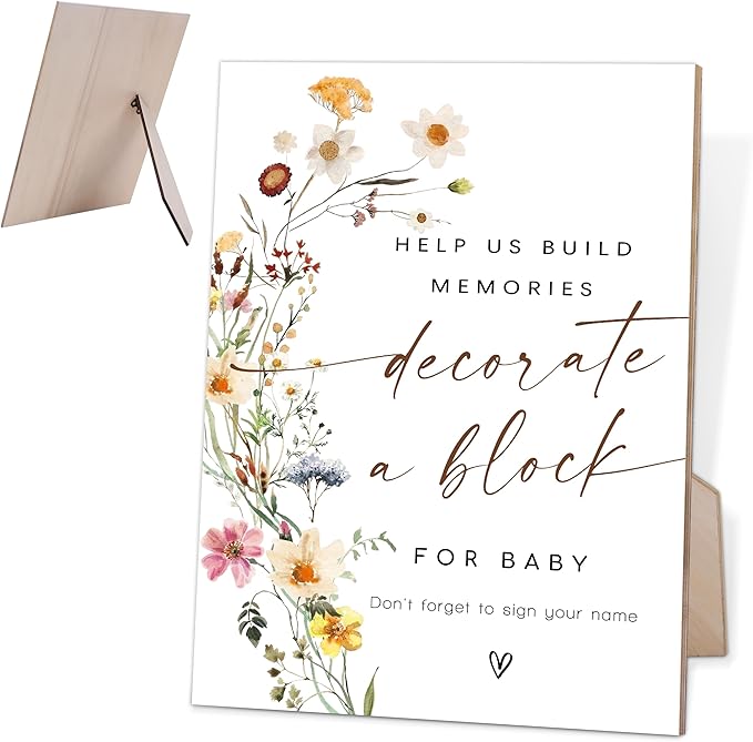Flower Decorate a Block Sign, Baby Shower Games, Baby Shower Table Decorations for Gender Reveal Party, Centerpiece Party Decorations, Gender Reveal Gifts, 6X8 Inch Wooden Sign with Stand, 10