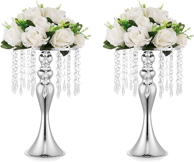 2 Pcs Silver Vases for Centerpieces, 13.8in Crystal Flower Arrangement Stand, Wedding Centerpieces for Tables, Tall Metal Flower Vase Holders for Wedding, Event, Reception, Birthday, Home Decor