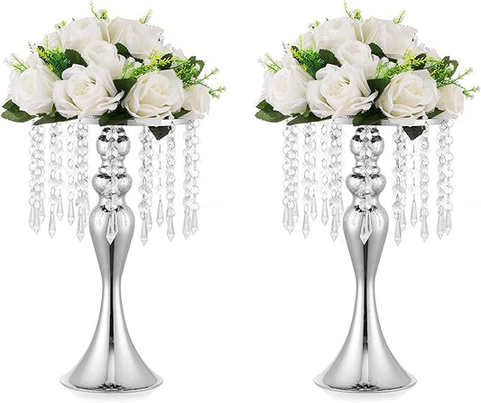 2 Pcs Silver Vases for Centerpieces, 13.8in Crystal Flower Arrangement Stand, Wedding Centerpieces for Tables, Tall Metal Flower Vase Holders for Wedding, Event, Reception, Birthday, Home Decor